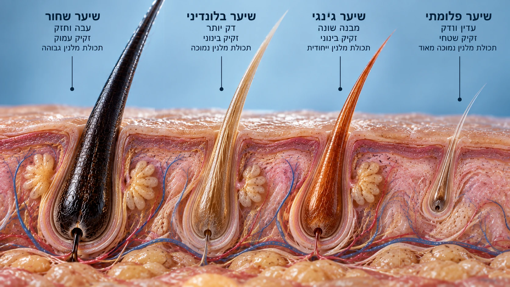 חתך עור המציג סוגי שיער שונים: שחור, בלונדיני, גינג׳י ופלומתי
