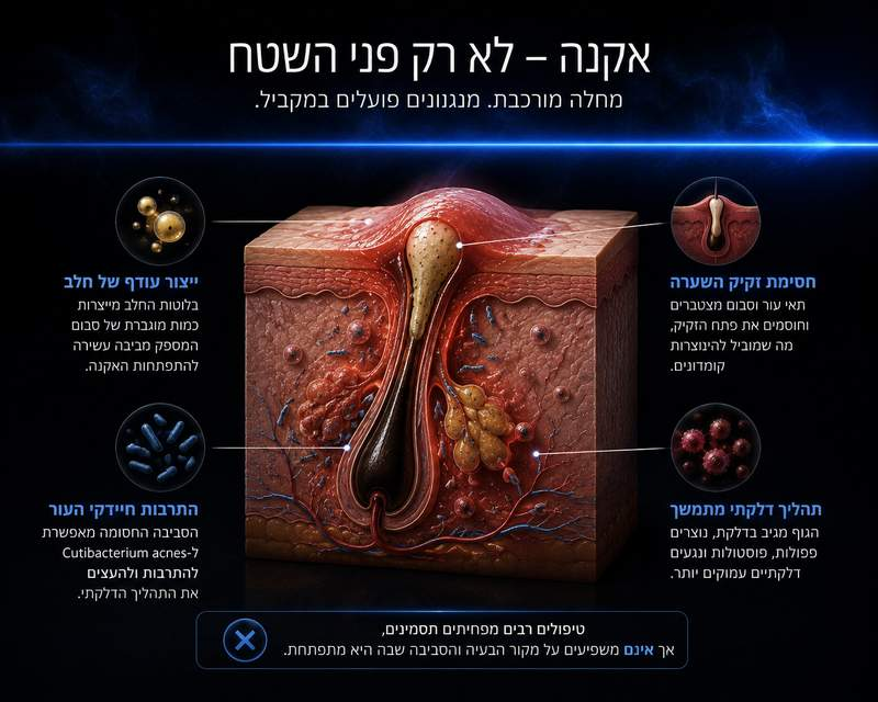 ארבעת המנגנונים המרכזיים באקנה - ייצור סבום, חסימת זקיק, חיידקים, דלקת